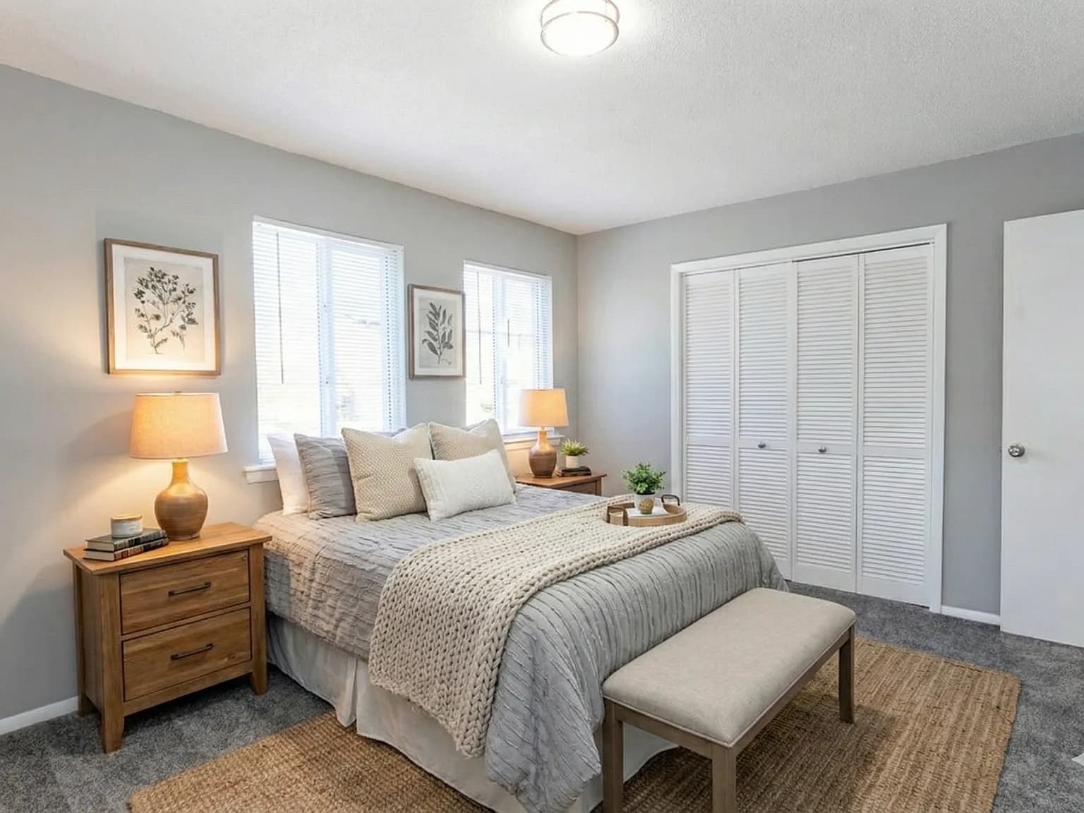 Staged bedroom with plush bedding and natural light